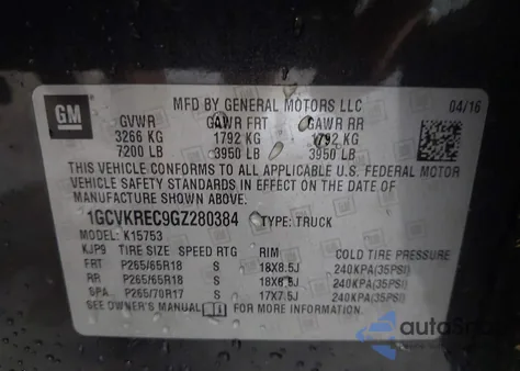 2016 Chevrolet Silverado 1500 2Lt from USA, damaged, VIN 1GCVKREC9GZ280384